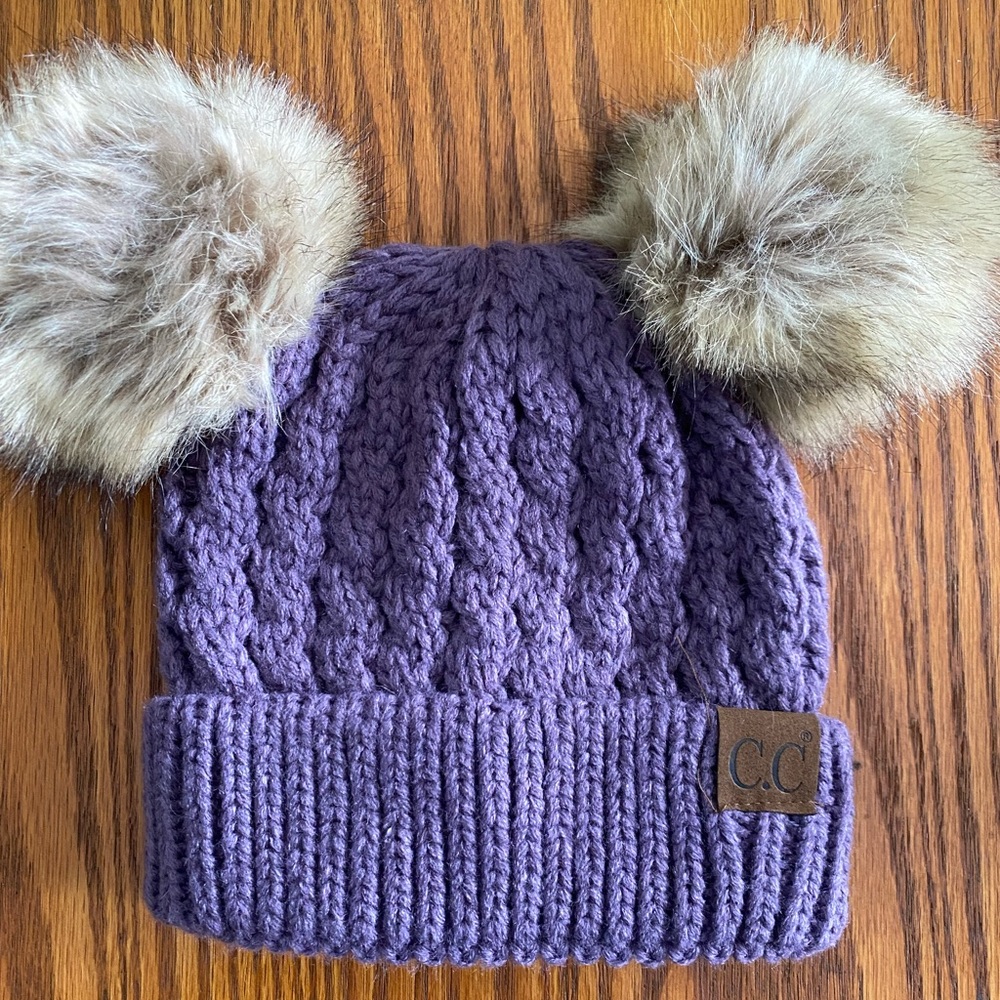 Children’s Large purple double pom-pom winter hat